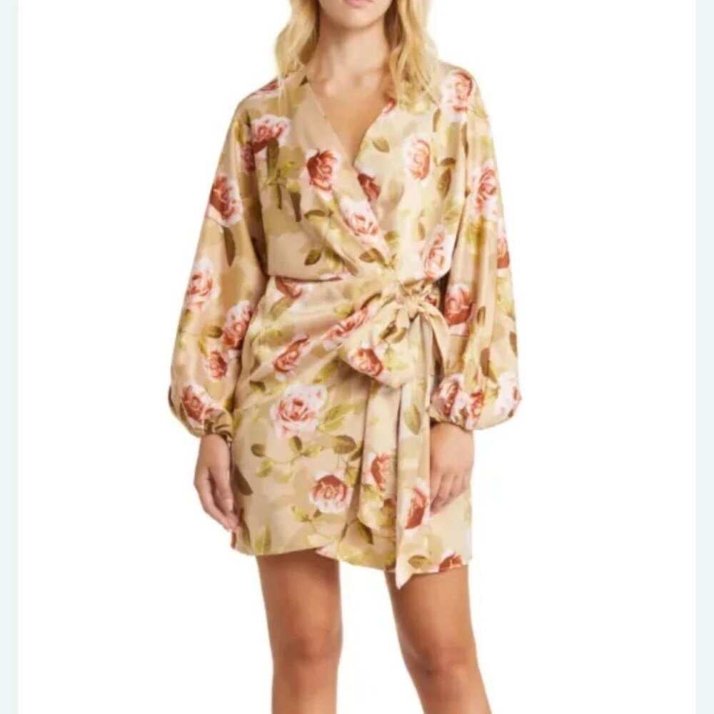 WAYF Amour Champagne Roses Long Billowed Sleeve Wrap Dress Sz 6 NWT MSRP$108